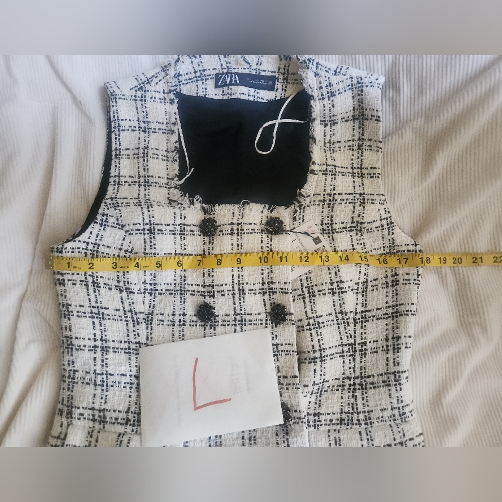 ZARA Textured Plaid Waistcoat Vest Ecru/black BNWT. - Picture 5 of 16